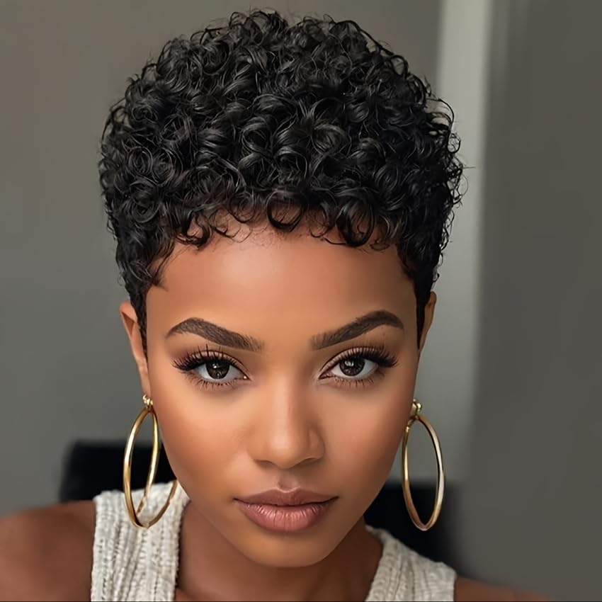 Photo 1 of Short Curly Pixie Cut Wigs with Bangs Human Hair for Black Women Non Lace Full Machine Made Rose Net Cap Human Hair Pixie Wig Brazilian Virgin Glueless Bob Wig Human Hair Short Layered Wigs For Women