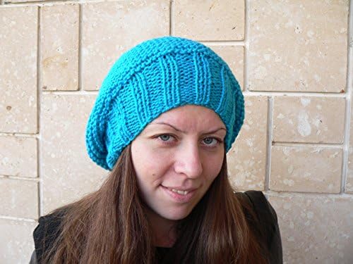 Slouchy bulky women beret hat vegan wool turquoise color