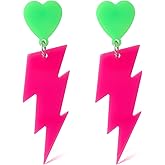 80s 90s Neon Lightning Bolt Earrings, Retro Neon Acrylic Dangle Earrings Jewelry for Women Geometric Accessories for Halloween Glow Parties & Vintage Outfits (Hot Pink, Green)