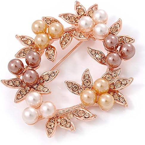 White/Brown/Light Orange Faux Pearl, Crystal Wreath Brooch In Rose Gold Tone Metal - 55mm W, white / ivory, gold, brown, copper, orange - Image 3