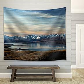 Landscape with Snow Covered Mountains and Peaceful Lake - Fabric Wall Tapestry Home Decor - 51x60 inches