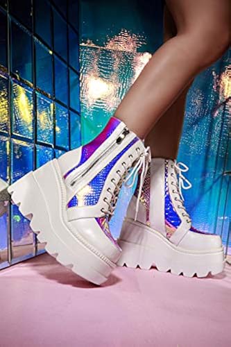 Cape Robbin Radio Holographic Platform Ankle Boots with Chunky Block Heels | Cape Robbin Holographic Platform Ankle Boots for