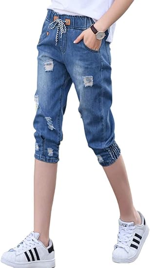 Amazon Online レディース ジーンズ 夏 破れたジーンズ 七分丈のズボン 伸縮性ウエスト 夏 ゆるい ハーレムパンツ 学生 ズボン ジーンズ 通販