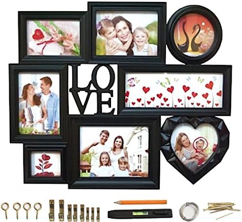 Modern Design Black Collage Picture Frame 8 Section Glass With "Love" 3D Letters and Heart Shape Frame 23" x 18.5" BUNDLE Picture Hanging Kit + Level