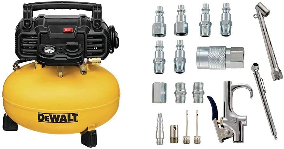 DEWALT Pancake Air Compressor, 6 Gallon, 165 PSI (DWFP55126) & Accessory Kit, 17 Piece Compressor Inflation Kit, with Blow Gun, Air Chucks, & Inflation Needles (Campbell Hausfeld MP284701AV)