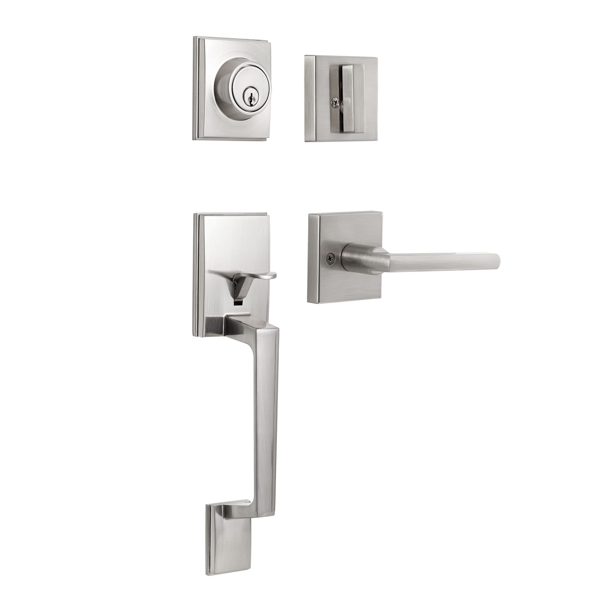 KIAYACI Front Door Lock Set Silver Door Handle Front Door Handle Sets with Deadbolt Entry Door Locksets Single Cylinder HandleSet with Straight Handle Lower Half Grip Satin Nickel