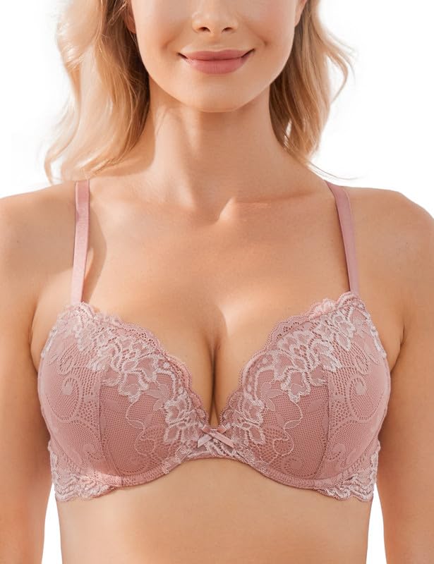 Wingslove Damen Push Up Bh Mit Floraler Spitze Gepolsterter Bügel Bh Komfort Bh (Rosa Braun, 75A)