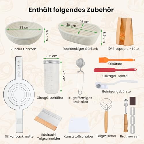 GEEKHOM Sourdough Starter Set with 2 Proofing Baskets Bread - 14-Piece Baking Accessories with Proofing Basket, Round and Oval, Sourdough Glass 650 ml, Dough Scraper - Sourdough Bread Complete Set for Beginners