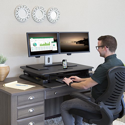 AIRLIFT 35.4" Electric Standing Desk Converter Workstation with USB Charger | Ergonomic Motorized Dual Monitor Riser Height Adjustable to 18.9", Black - Thumbnail 7