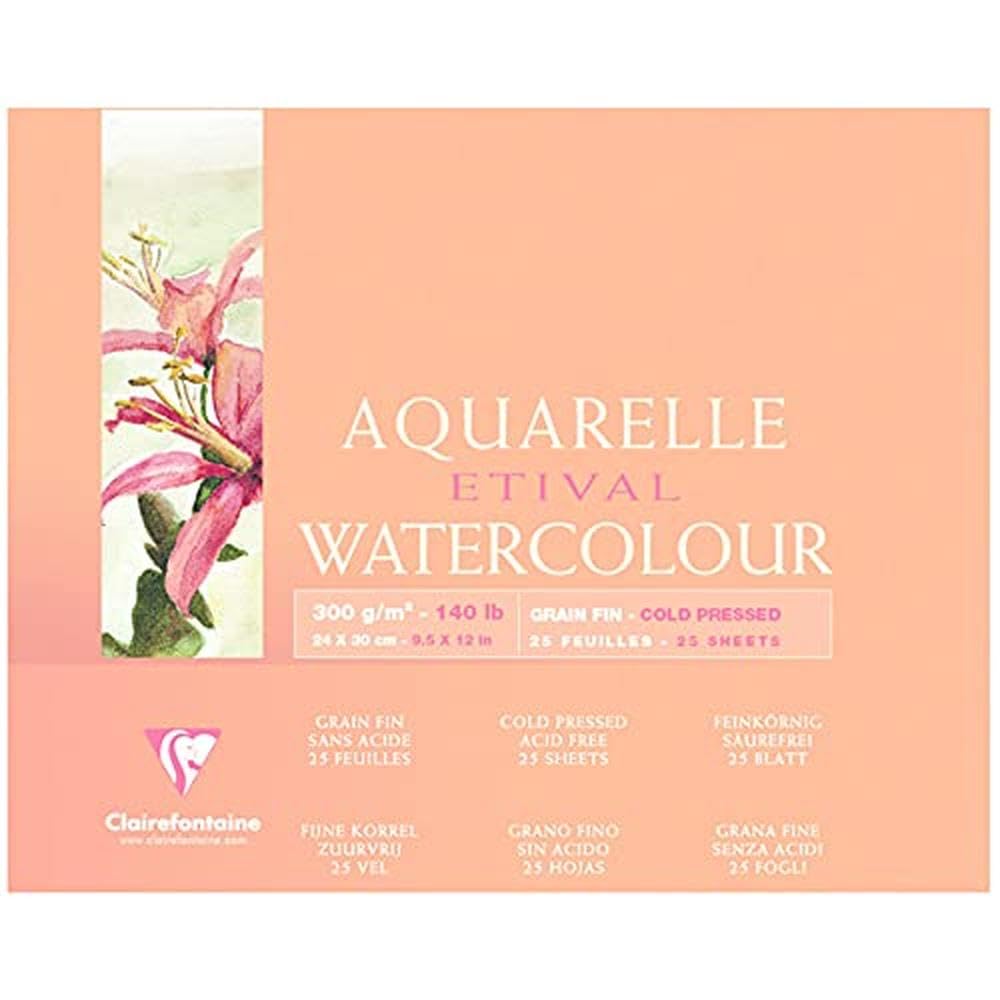 Clairefontaine - Ref 96471C - Etival Cold Pressed Glued Watercolour Painting & Drawing Pad (10 Sheets of Paper) - 24 x 30cm - 300gsm Cellulose Art Paper
