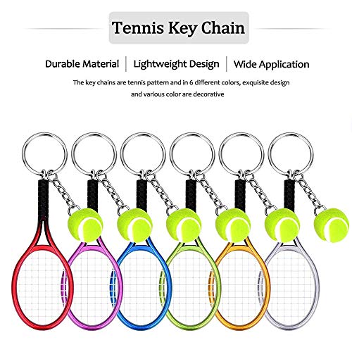 12 Pack Tennis Keychains, Mini Tennis Racket Keychain Key Rings Metal Tennis Ball Split Ring Keychain Sport Lovers Tennis Key Fob Gift （6 Colors） - Thumbnail 2