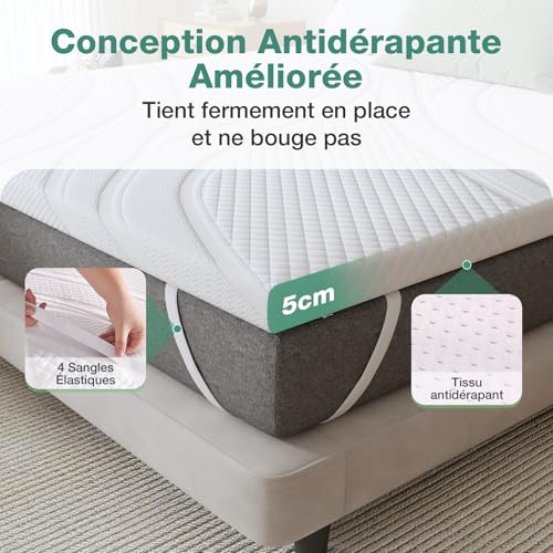 Novilla Surmatelas 160x200, 5CM, Surmatelas en Mousse à Mémoire de Forme Gel, Mousse en Matériau Bambou, Évacuation de L'humidité, Avec Design Antidérapant et Certification de Sécurité, Lavable | 2" Memory Foam Mattress Topper, Machine Washable Cover, 4 Elastic Fastening Straps