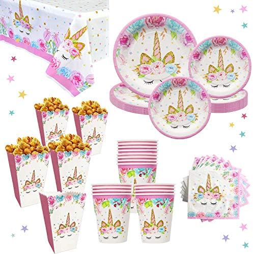 Unicorn Party Supplies Set for 16 | Plates, Cups,Table Cloth, Napkins, Popcorn Boxes and Gift Bags Kit | Diposable Tableware | Magical Decorations for Girls or Kid's Birthday Parties, Baby shower by Bestus