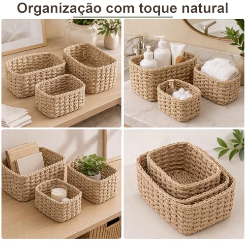 Kit 3 Cestos Organizadores Decorativos em Corda Natural Trançada Cestos Multiuso para Quarto Sala Banheiro e Decoração