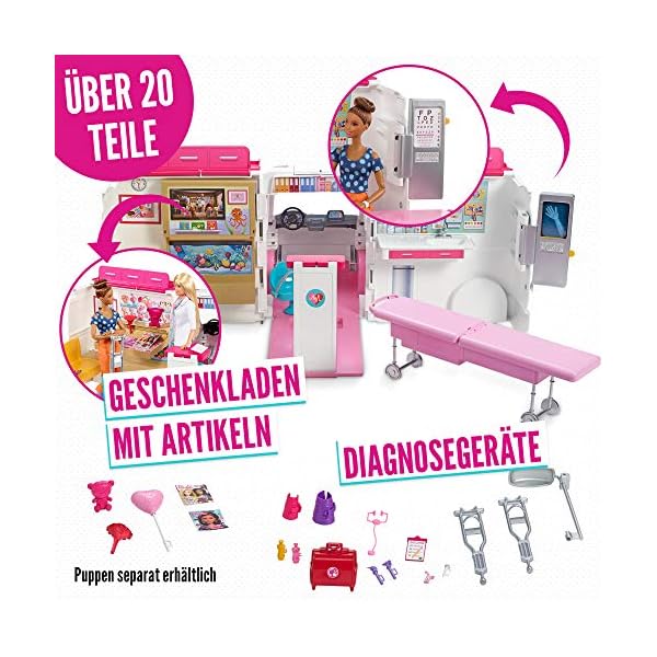 Barbie Krankenwagen, 2-in 1 inkl. aufklappbarem Krankenhaus-Spielset mit Licht und Geräuschen, 20x Barbie Zubehör wie Arztkoffer und Krücken, Spielzeug ab 3 Jahren, FRM19 – Bild 6