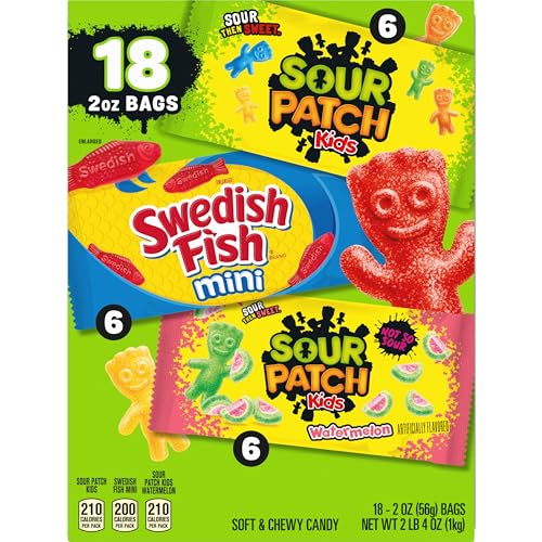 SOUR PATCH KIDS AND SWEDISH FISH MINI SOFT & CHEWY CANDY VARIETY PACK, BULK CANDY, 18-2 OZ BAGS