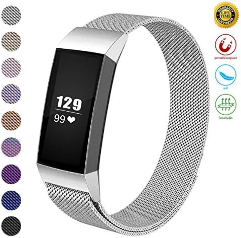 JOMOQ Replacement Bands Compatible for Charge 3 & Charge 3 SE, Stainless Steel MagneticMetal Small & Large Women Men, Silver, Rose Gold, Black