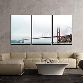 3 Piece Canvas Wall Art - Golden Gate Bridge in Misty Weather - Modern Home Art Stretched and Framed Ready to Hang - 16"x24"x3 Panels