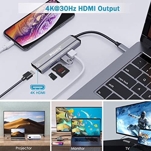 USB C Hub Multiport Adapter,PRANITE 6-in-1 Portable Aluminum Dongle Docking Station with 4K 30Hz HDMI Output,USB3.0/2.0 SD Card Reader, Compatible for MacBook and More Type C Devices(Space Gray)