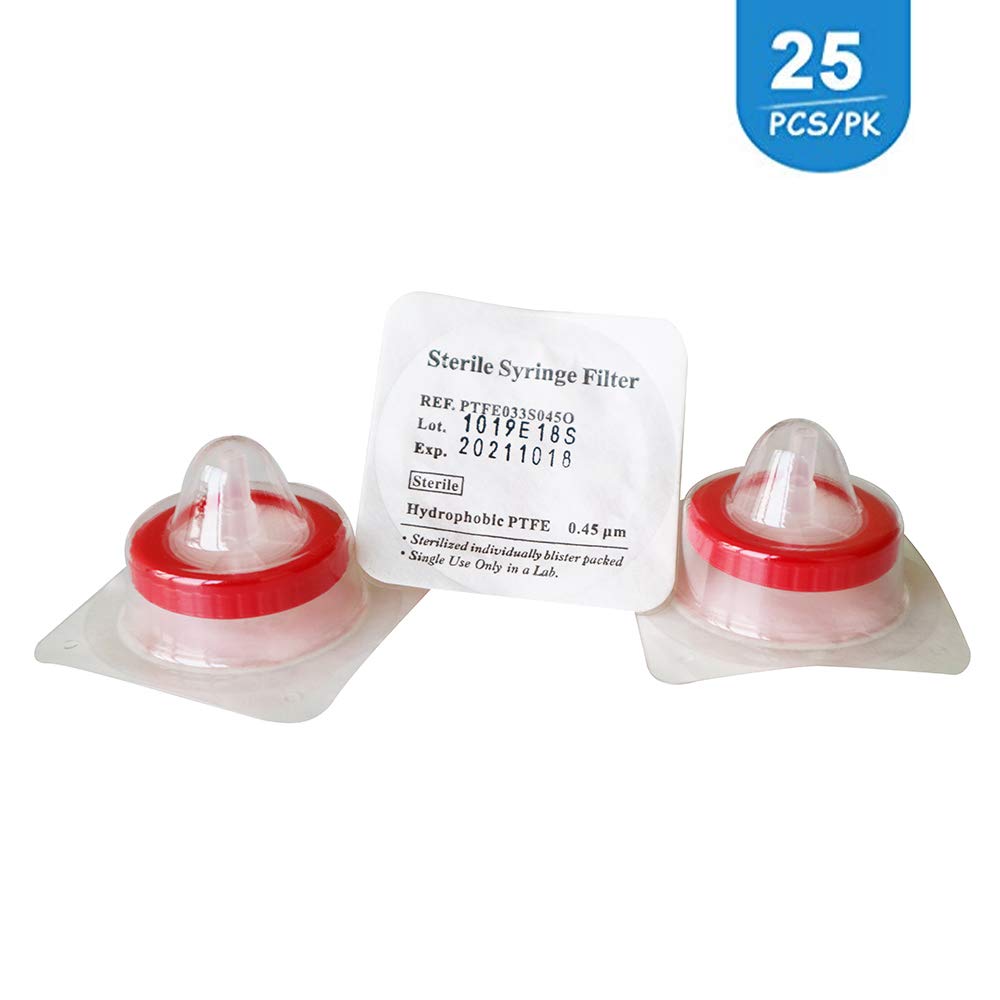 [CASE OF 25] Syringe Filters [Sterilized Individually Packed] Hydrophobic PTFE Membrane Diameter 33mm Pore Size 0.45μm by Allpure Biotechnology (PTFE-33mm-0.45μm)