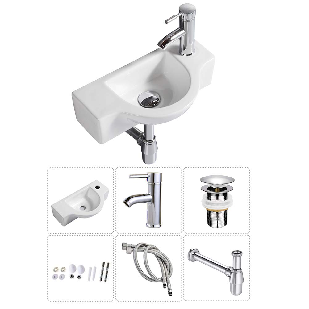 Photo 1 of Bathroom Ceramic Washbasin and Faucet Combo White Small Wall Mount Sink Set Chrome Pop-up Drain Included (Sink with Faucet & Drain)