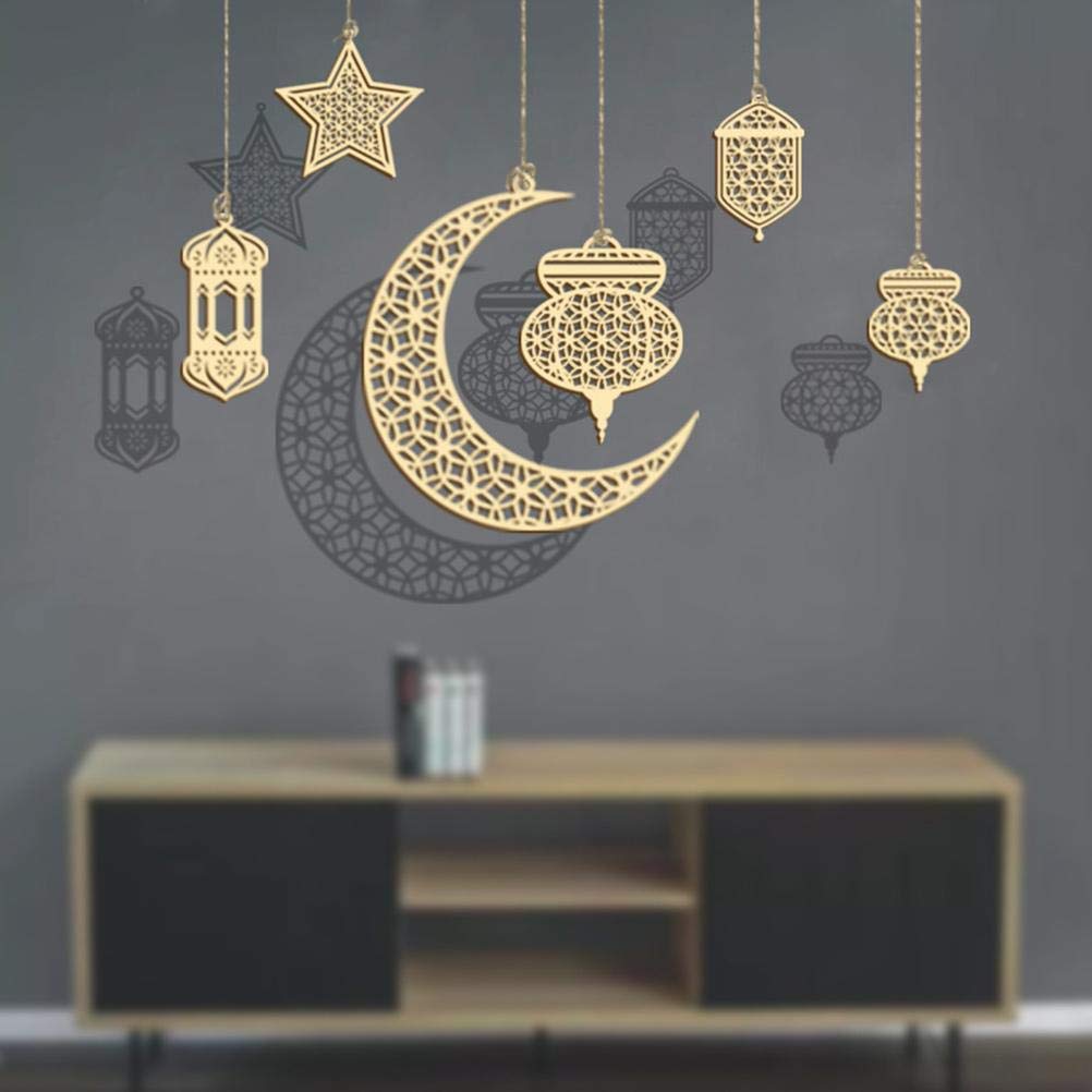 Wooden Pendant Ornament 6 Pieces Ramadan Kareem Decoration, Crescent Moon Stars Light Shape Ramadan Eid Mubarak Decorations