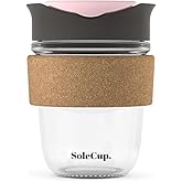 SoleCup. - Reusable Strengthened Glass Travel Cup - Spill Proof Insulated Coffee Mug - 12oz/340ml BPA-Free Hot Drink Travel Mug with Lid & Cork Band (Gray and Pink, 12oz)