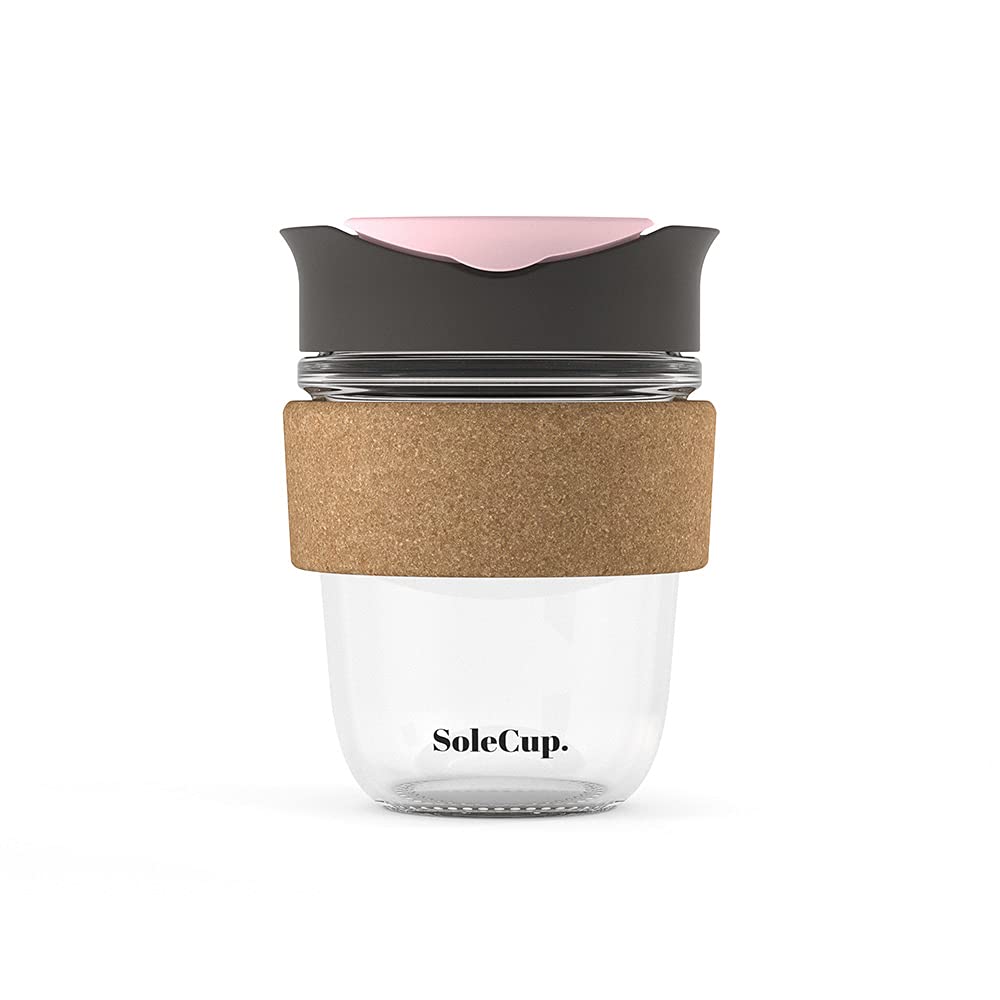SoleCup. - Reusable Strengthened Glass Travel Cup - Spill Proof Coffee Mug - 12oz/340ml BPA-Free Hot Drink Travel Mug with Lid & Cork Band (Grey and Pink, 340ml / 12oz)