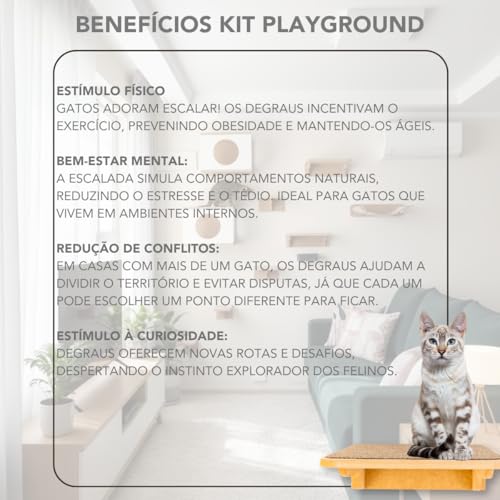 Playground Para Gatos 9Pçs Premium Resistente Já Montado Com Kit Fixação e Rede (PRETO) (Branco)