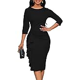 Church Dresses for Women 3/4 Sleeve Ruffle Vintage Bodycon Cocktail Work Midi Pencil Dress