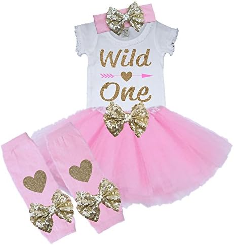 Bella Fashion Kidz Girl Wild One First Birthday Tutu Outfit Pink and Gold 1st Birthday Set Skirt Crown (12 Month, Add Leg Warmers)