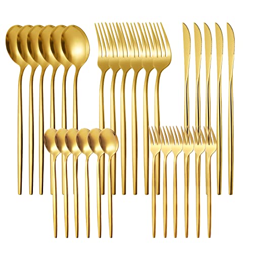 Gold Silverware Set with Steak Knives 30 Piece Flatware Sets for 6