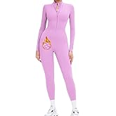AEEZO Womens Long Sleeve Workout Jumpsuit Zip Up Yoga Rompers Sexy Tummy Control One Piece Bodycon Bottom Pants