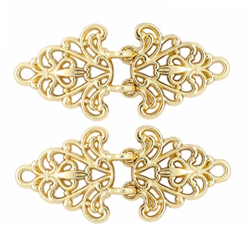 Bezelry 4 Pairs Filigree Trivet Cape or Cloak Clasp Fasteners. 64mm x 29mm Fastened. Sew On Hooks and Eyes Cardigan Clip (Gold) - Thumbnail 3