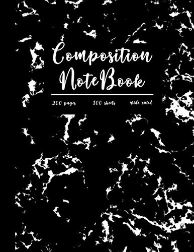 Wide Ruled Black Marble Composition Notebook 100 sheets: Composition Notebook with lined paper 8.5 x 11", 100 sheets/200 pages, Marble notebook wide ruled
