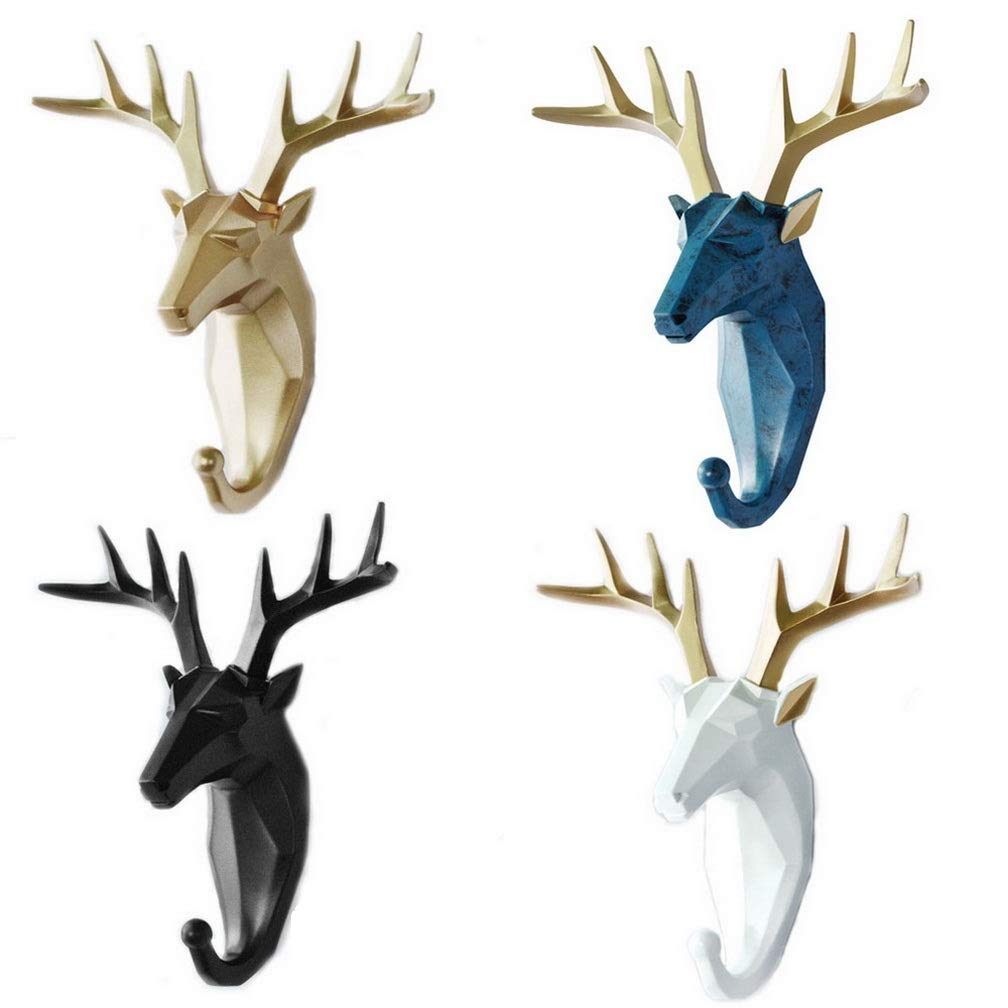 Kepfire Deer Head Modern Wall Decoration Resin Animal Hook Creative Gift Home Living Room Bedroom Jewelry Display Key Scarf Bag Coat Holder Rack (White, Gold, Blue, Black)