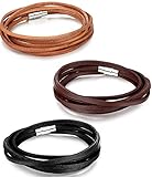 Areke Mens Leather Bracelets Wristband - Long Magnetic Clasp Wrist Cuffs Bracelet Set Style Set of 3 Pcs