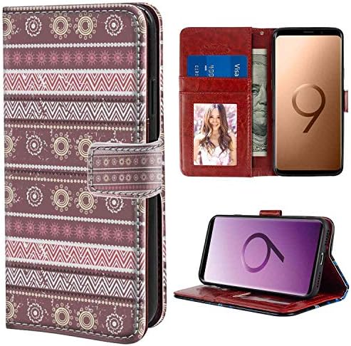 Samsung Galaxy S9 Wallet Case, Zambia Antique African Traditional in Earthen Tones with Sun Figures Boho Pattern Dried Rose Yellow PU Leather Folio Case with Card Holder and ID Coin Slot