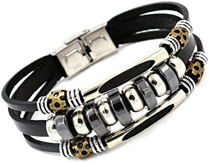 Mens Womens Punk Leather Bracelet Metal Bead Stainless Steel Wrist Bracelet Cuff Bangle