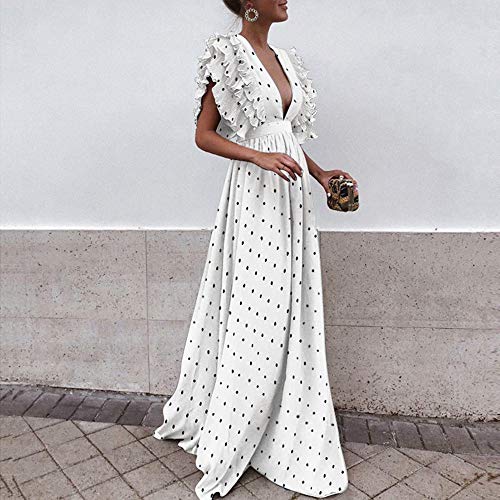 Mysky Women Vintage Dot Print Ruffle Fly Sleeve Prom Dress Ladies Sxey Back Hollow V-Neck Long Party Dress
