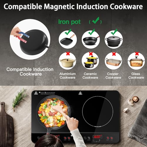 Aobosi Double Induction hob,Induction Cooker with Portable Black Glass Plate, Independent Control,One-click Max and Min Power Control 2800W,20 Temperature Setting[Upgrade],Safety Lock,4-Hour Timer