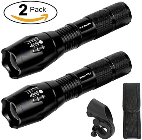 Tactical LED Flashlight [2 PACK] – Wowlite High Powered Handheld Light - Zoomable, 5 Modes, Water Resistant &amp; Shock Resistant, with Bike Mount, Belt Holster - Best for Camping, Security, Home