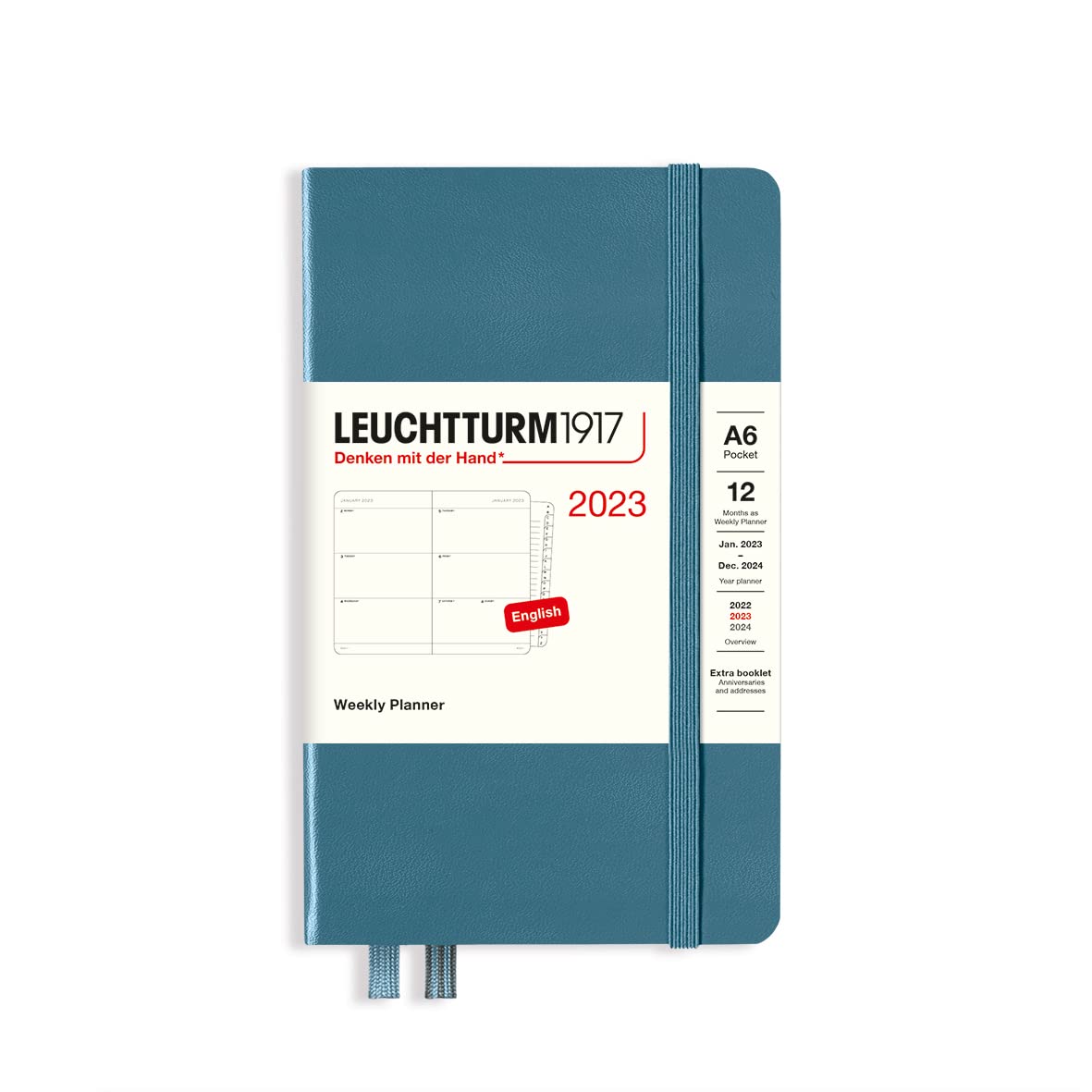 LEUCHTTURM1917 365956 Weekly Planner Pocket (A6) 2023, with booklet, Stone Blue, English