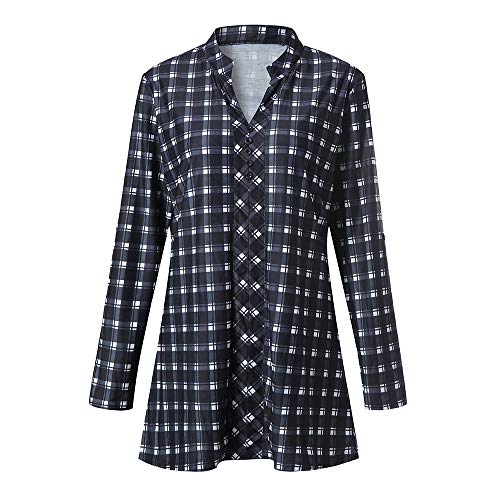 XOWRTE Women's Plaid V-Neck Buttoned Tops Long Sleeve T-Shirt Shirt Blouse - Thumbnail 5