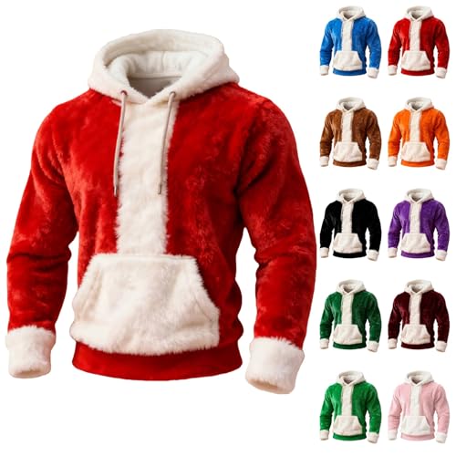 Mens Christmas Hoodie Fluffy Novelty Christmas Jumper Fleece Funny Xmas Sweatshirt Long Sleeve Fuzzy Ugly Hoodies Soft Loose Holiday Pullover Patchwork Color Santa Party Sweatshirts Couples Red