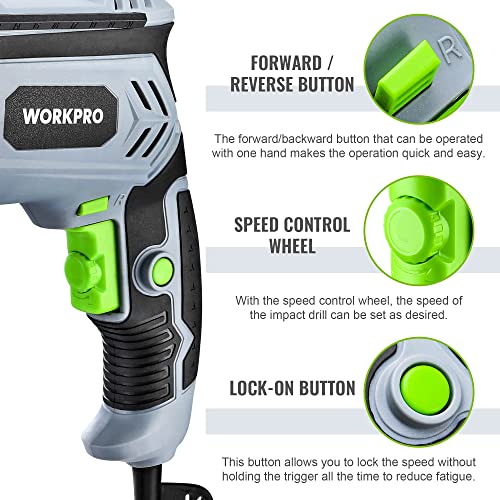 WORKPRO 850W Hammer Drill, Electric Drill with Cable, Impact Drill with 360° Rotating Handle, 3000 RPM, Variable Speed Button