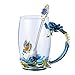 Kpcuisite Glass Tea Cup Coffee Mugs & Gifts for Women with Spoon Beautiful Rose Flower Butterfly (Blue Tall)
