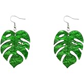 Green Palm Leaf Dangle Earrings for Women Girls Lightweight Resin Tropical Green Plant Statement Drop Fish Hook Stud Earring Fashion Cute Festival Halloween Jewelry Gifts Nature Lover (Leaf)