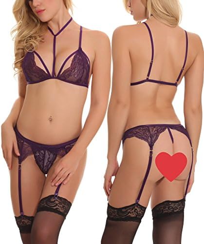Organlick Women Sexy Strappy Lingerie Set Harness Lace Open Cup Bra Babydoll