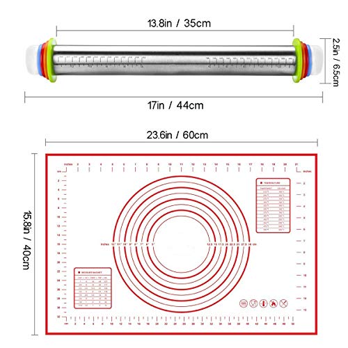 Silicone Baking Pastry Mat, Smooth Non Stick Stainless Steel Roller, Rolling Pins with Adjustable Thickness Rings, for Dough, Baking, Pizza, Pie, Pastries, Pasta and Cookies